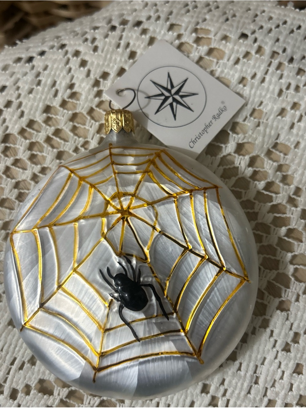 Christopher Radko Home Spun Spider in a Web Glass Halloween Ornament Germany